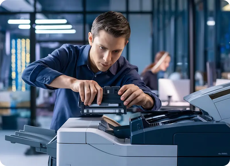 Technician servicing a printer